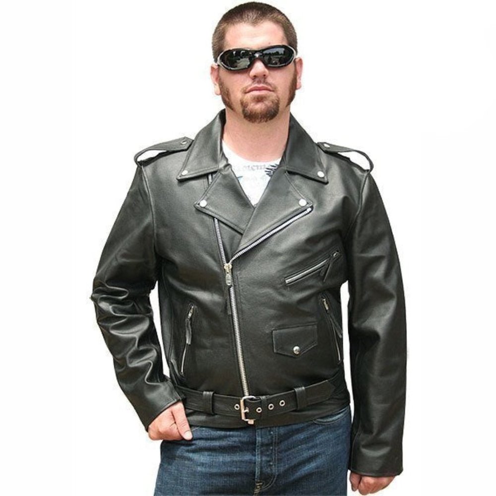 Men's Basic Classic Motorcycle Leather Jacket Plain Side w/Belted Waist
